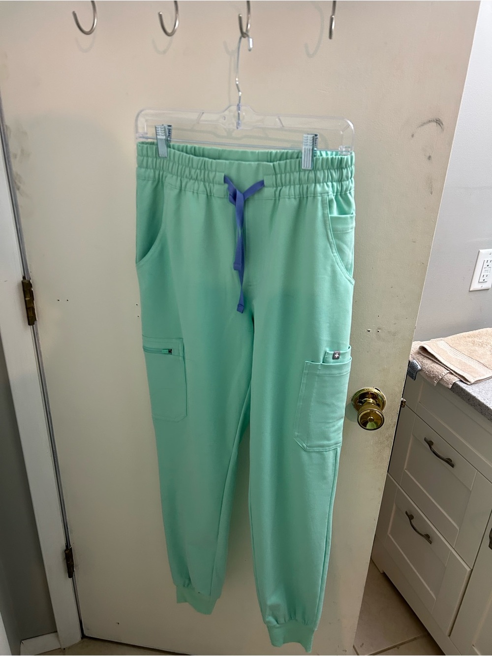 Figs Mint Green Cargo Joggers with Purple Drawstring